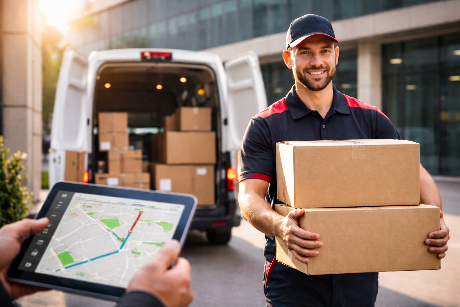 Same-day courier delivering packages from a van as part of a same-day logistics and same-day delivery service.