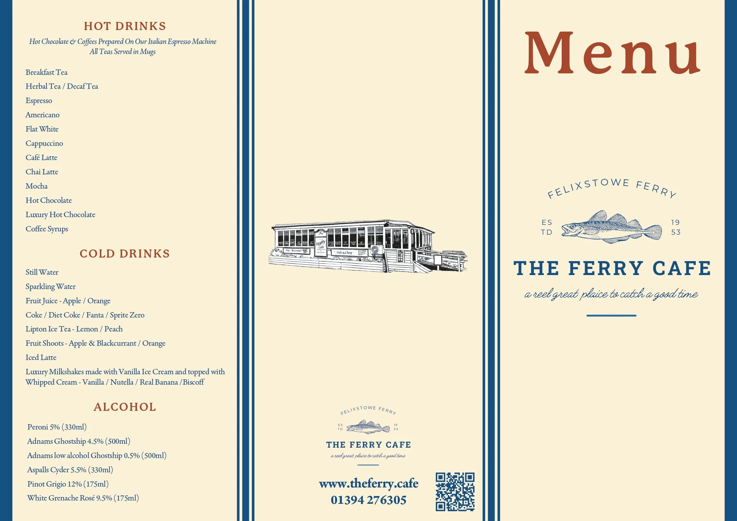 Menu of The Ferry Cafe at Felixstowe Ferry, listing hot drinks, cold drinks, and alcohol options, with an illustration of a ferry boat and the cafe building, website, contact number, and a QR code.