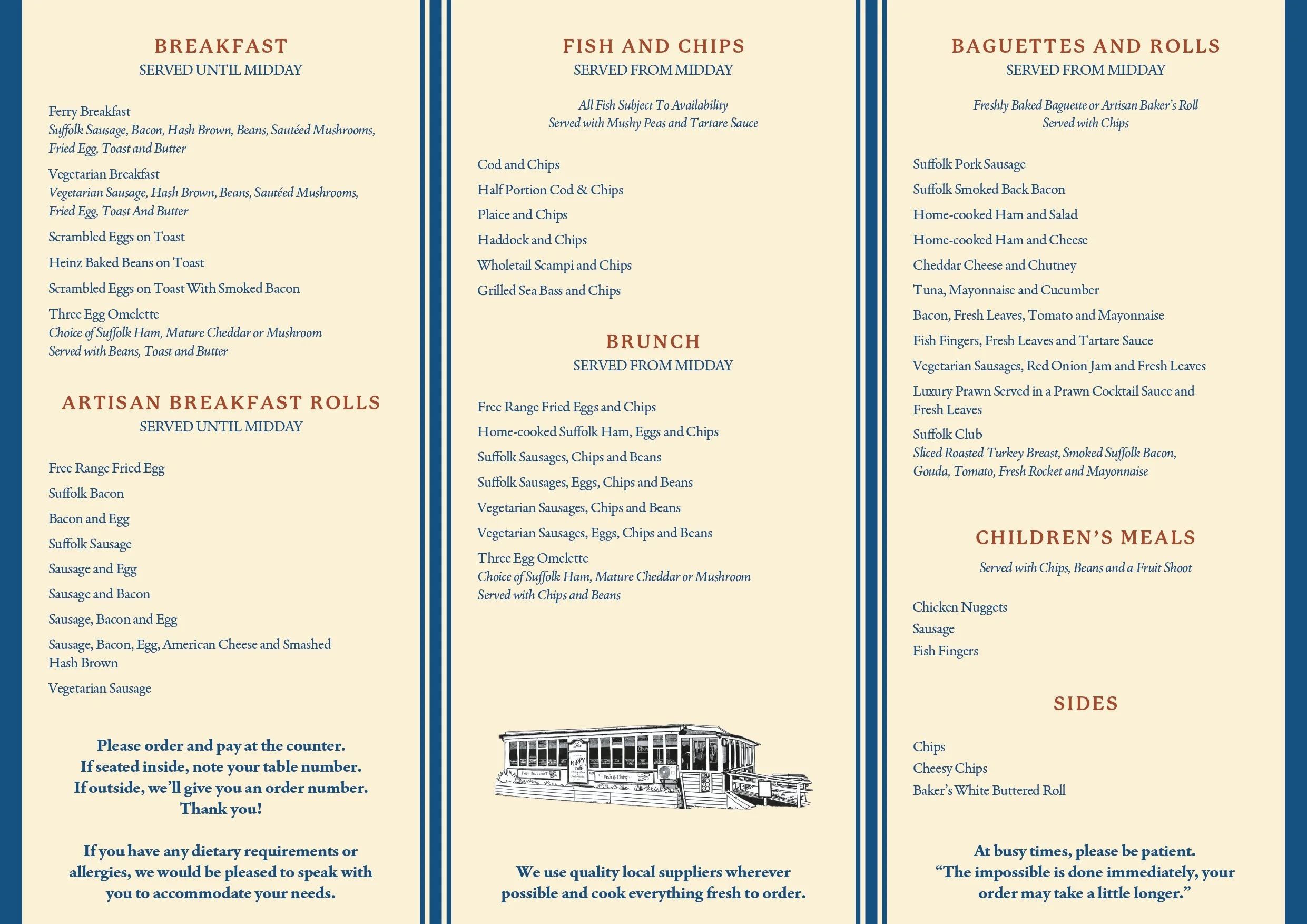 Menu with various breakfast, artisan breakfast rolls, fish and chips, brunch, children's meals, sides, and additional notes. Features items like fried eggs, bacon, sausage, fish and chips, chicken nuggets, and more, with a drawing of a vintage streetcar at the bottom.