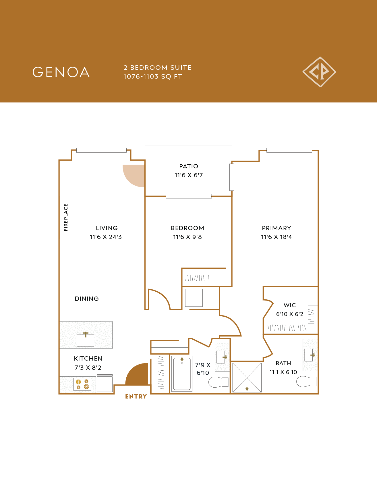 Floor plan of a two-bedroom apartment named Genoa, including labeled rooms such as living, dining, kitchen, two bathrooms, a primary bedroom with walk-in closet, an additional bedroom, and a patio.