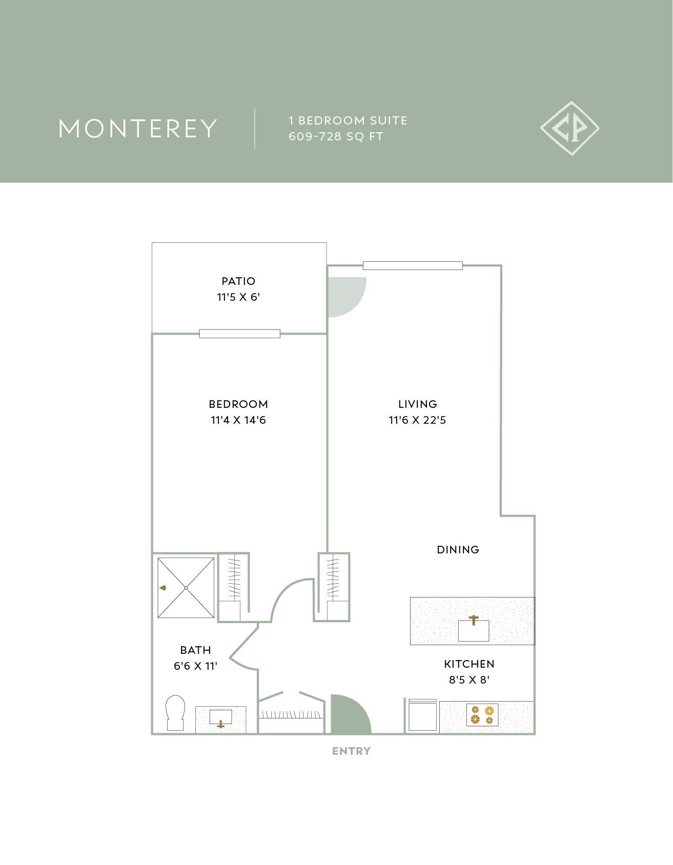 Floor plan of a one-bedroom suite named Monterey, featuring an entry, kitchen, dining area, living room, bedroom, patio, and bathroom, with dimensions for each room.