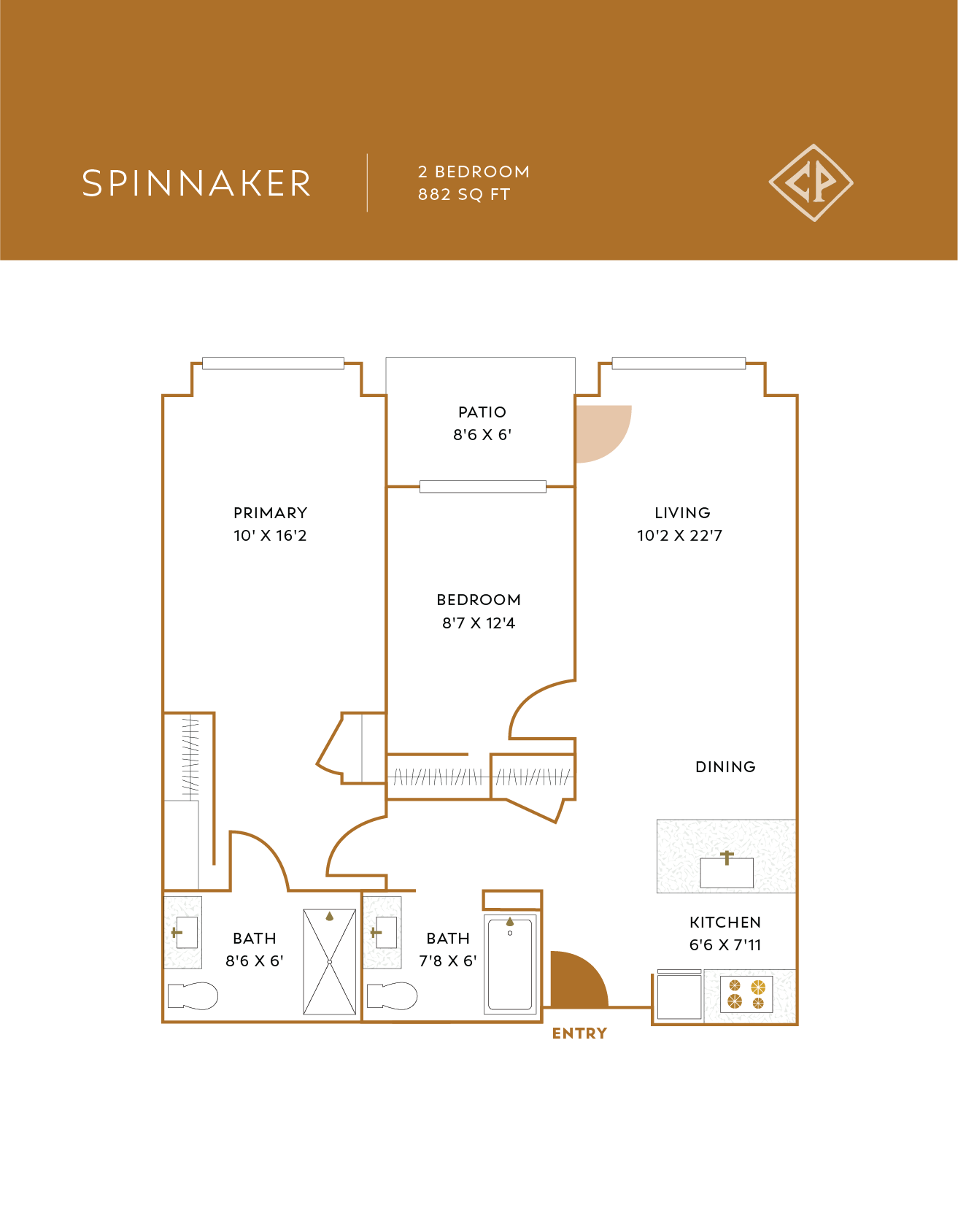Floor plan of a two-bedroom apartment with a living room, dining area, kitchen, two bathrooms, a primary bedroom, a secondary bedroom, and a patio.