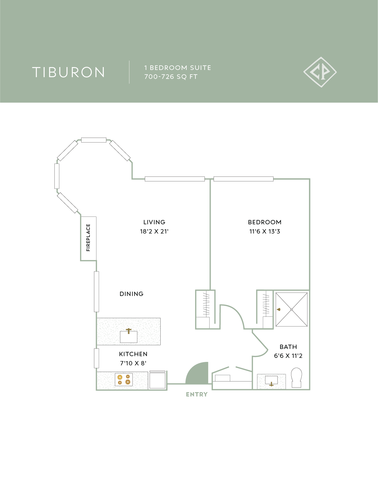 Floor plan for a one-bedroom suite, including a living room, bedroom, kitchen, dining area, bathroom, and fireplace.