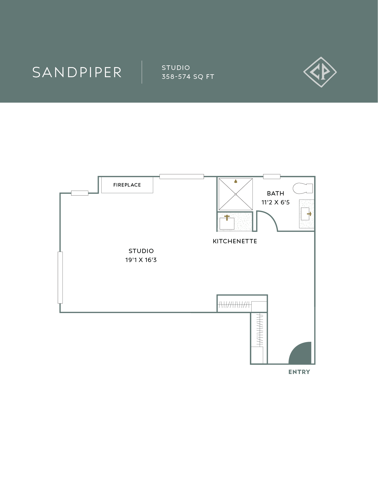 Floor plan of a studio apartment with a large main living area, kitchenette, bathroom, fireplace, and entry door.