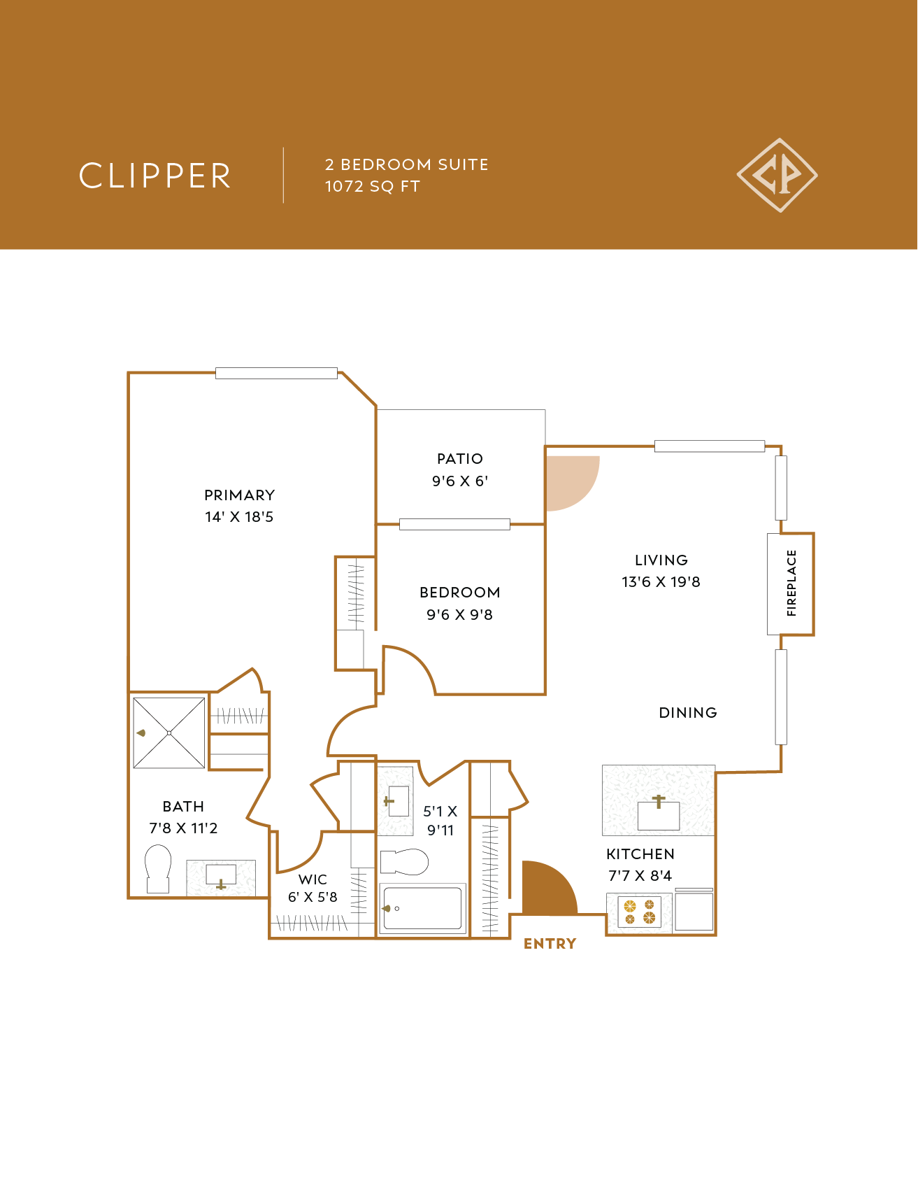 Floor plan for a two-bedroom apartment, including a primary bedroom, a second bedroom, a bathroom, kitchen, living room with fireplace, dining area, patio, and entryway.