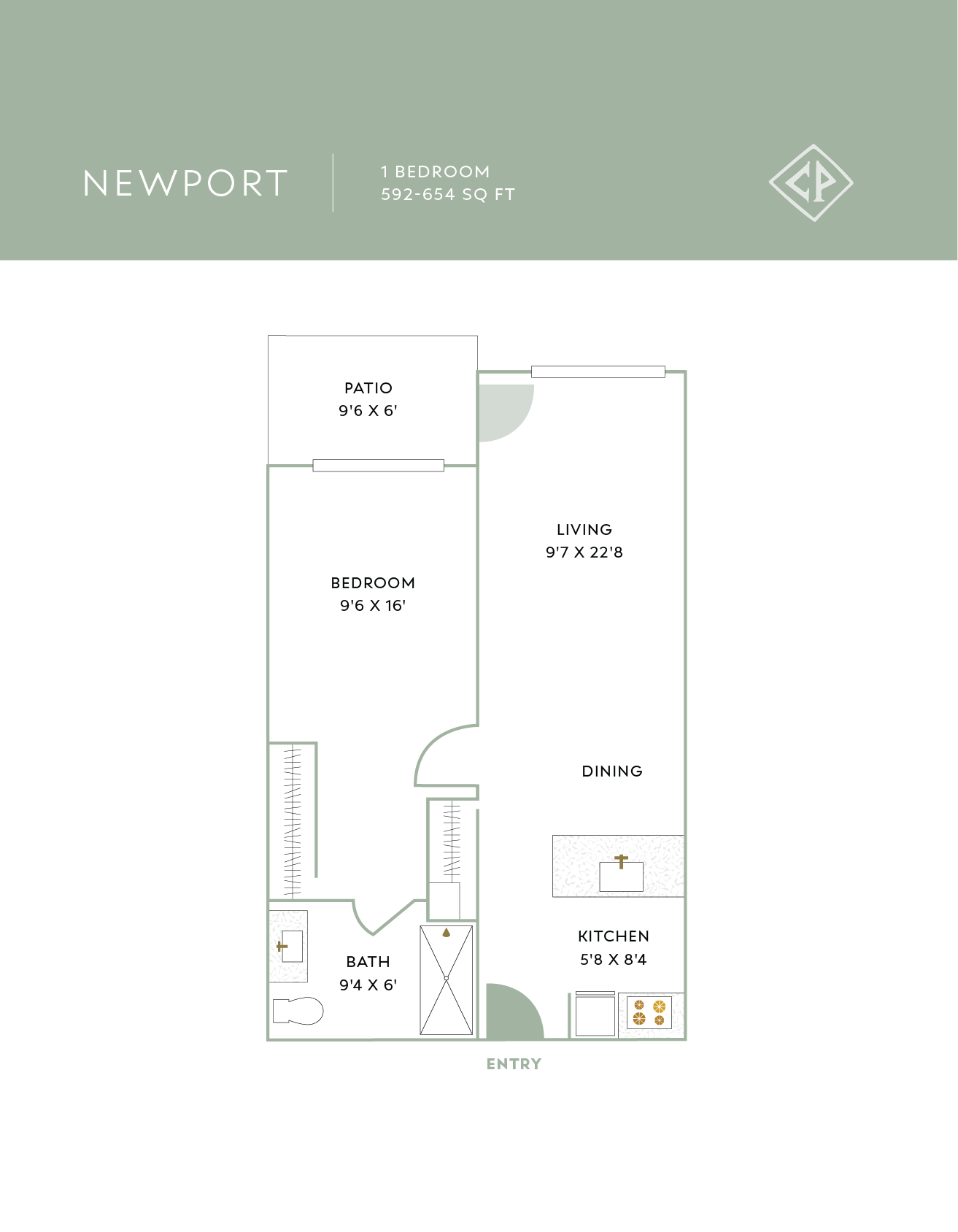 Floor plan of a one-bedroom apartment labeled 'Newport,' with a patio, living room, bedroom, bathroom, kitchen, and dining area, including room dimensions.