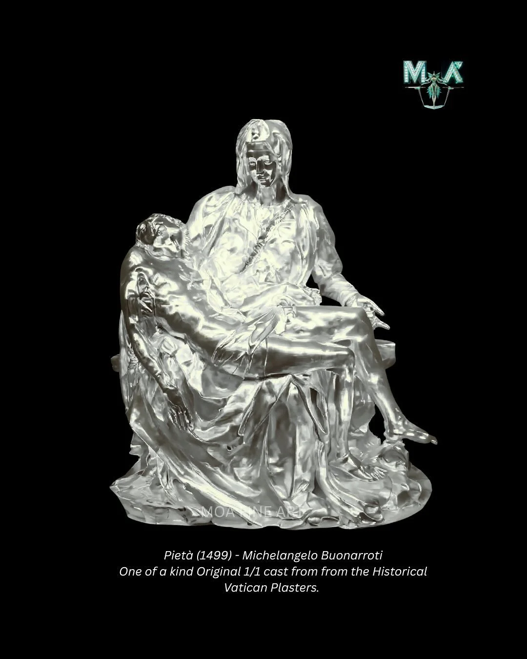 Pietà (1499) - Michelangelo Buonarroti
One of a kind Original 1/1 cast from from the Historical Vatican Plasters. 
At the mere age of 23, Michelangelo sculpted the Pieta from a single block of Carrara Marble - according to him the most perfec