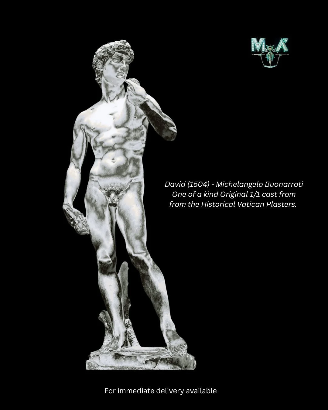 David (1504) – Michelangelo Buonarroti
One of a kind Original 1/1 cast from the Historical Vatican Plasters.
Michelangelo’s David, maybe his most famous sculpture, stands over 17 feet tall in Florence. The piece is comparable to the grea