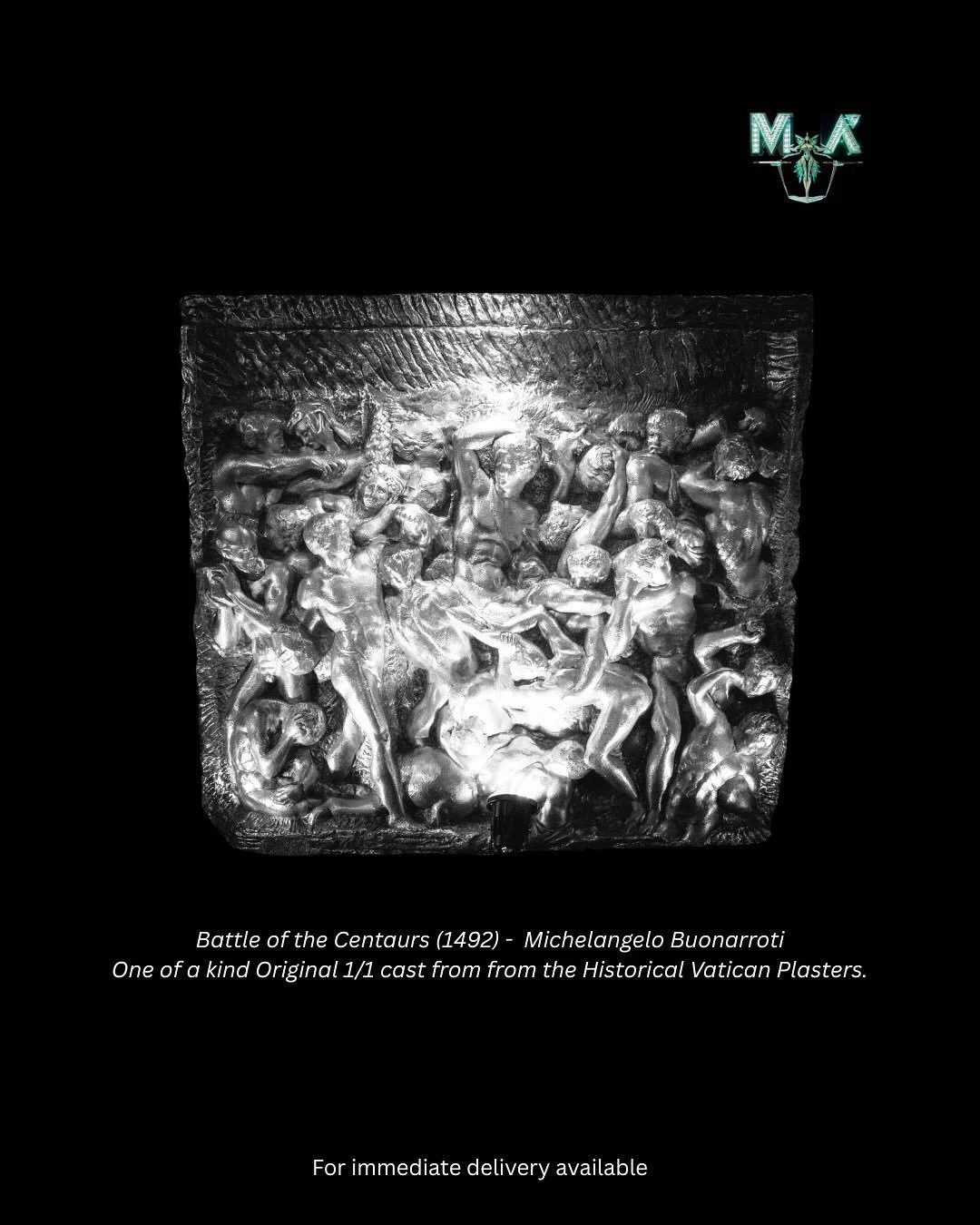 Battle of the Centaurs (1492) – Michelangelo Buonarroti
One of a kind Original 1/1 cast from the Historical Vatican Plasters.
Battle of the Centaurs is a relief sculpture and was the last work Michelangelo created while under the patronage of