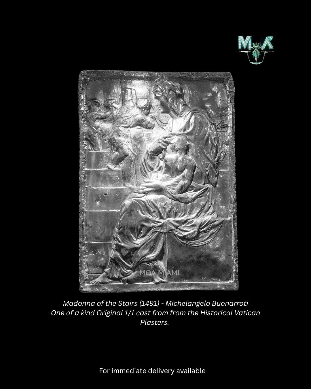Madonna of the Stairs (1491) – Michelangelo Buonarroti
One of a kind Original 1/1 cast from the Historical Vatican Plasters.
The master was only 15 years old when he carved the Madonna, a relief sculpture housed in Casa Buonarroti, Florence. A