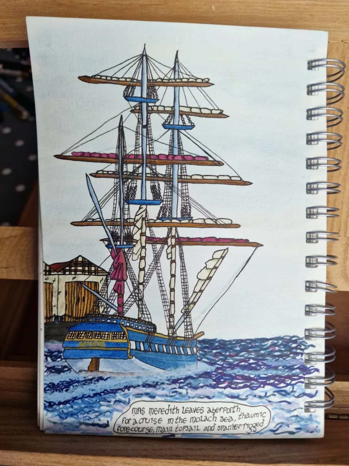 Comic-style drawing of a tall ship whose painted name reads "Meredith", with three masts painted blue and, crucially, non-split topsails.