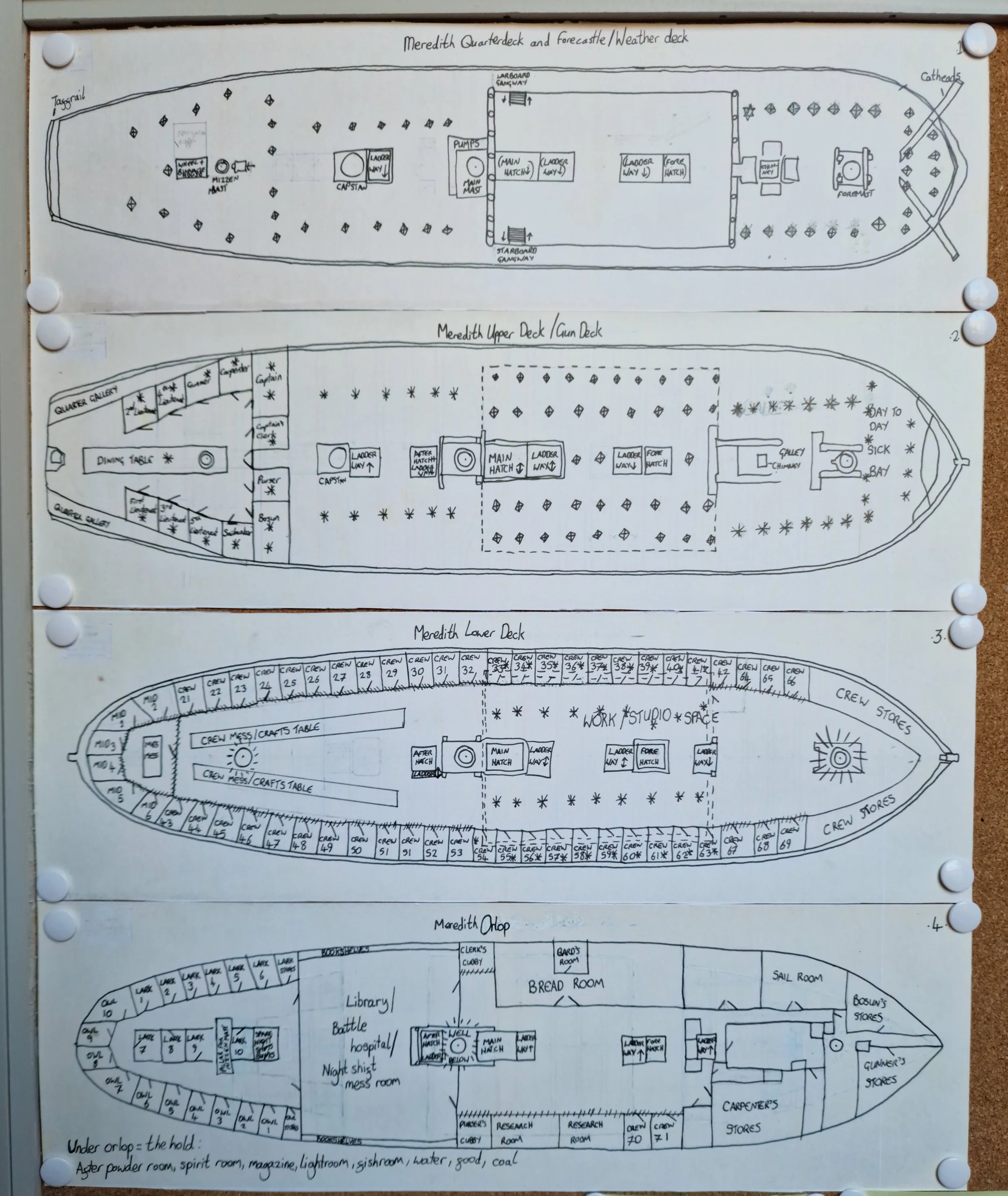 Hand drawn diagrams of all four decks of the fictional Meredith. For full screen-reader-friendly description please message me because I can't fit it into the alt text.