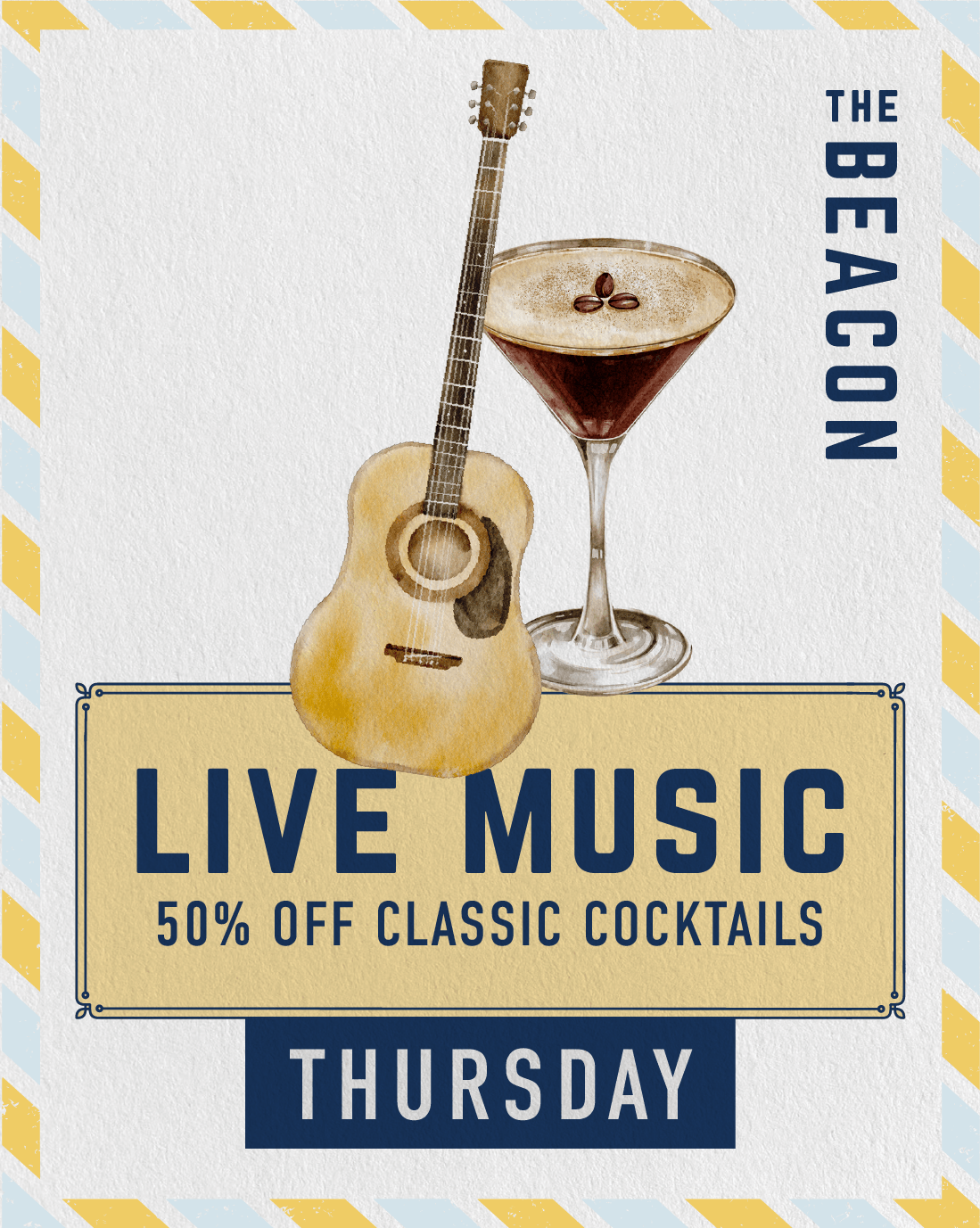 A promotional poster for a live music event featuring classic cocktails, with a watercolor illustration of a pink cocktail garnished with berries, a lemon slice, and mint, and a ticket stub that says 'live music.' The poster has a pastel color scheme with yellow, blue, and lavender accents and text indicating the event is on Thursday with 50% off on cocktails.