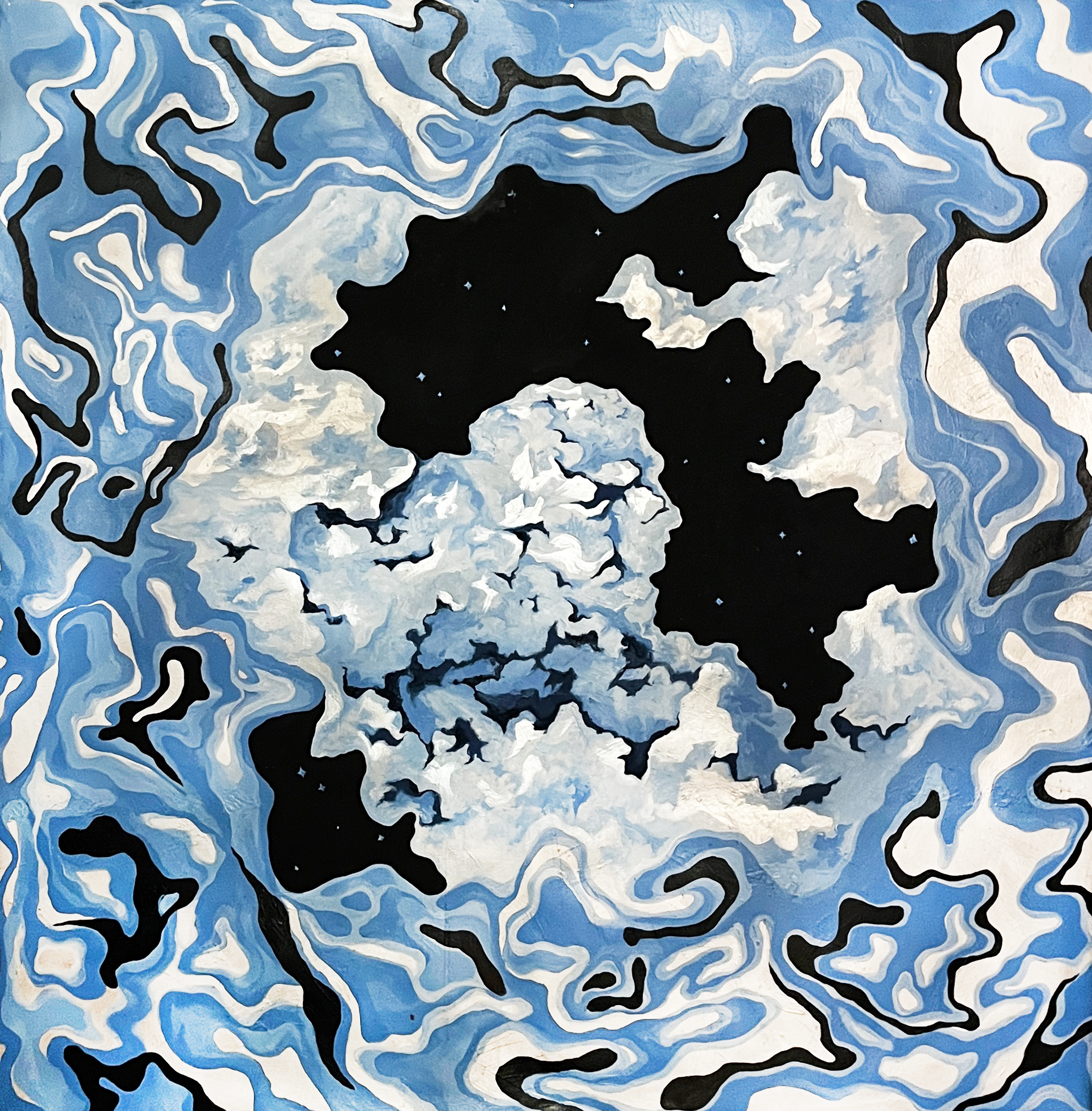 "STARGAZING FROM UNDER WATER [MIDNIGHT COSMOS]" Acrylic, Flashe & Iridescence on Canvas, 60" x 60". 2023 - SOLD