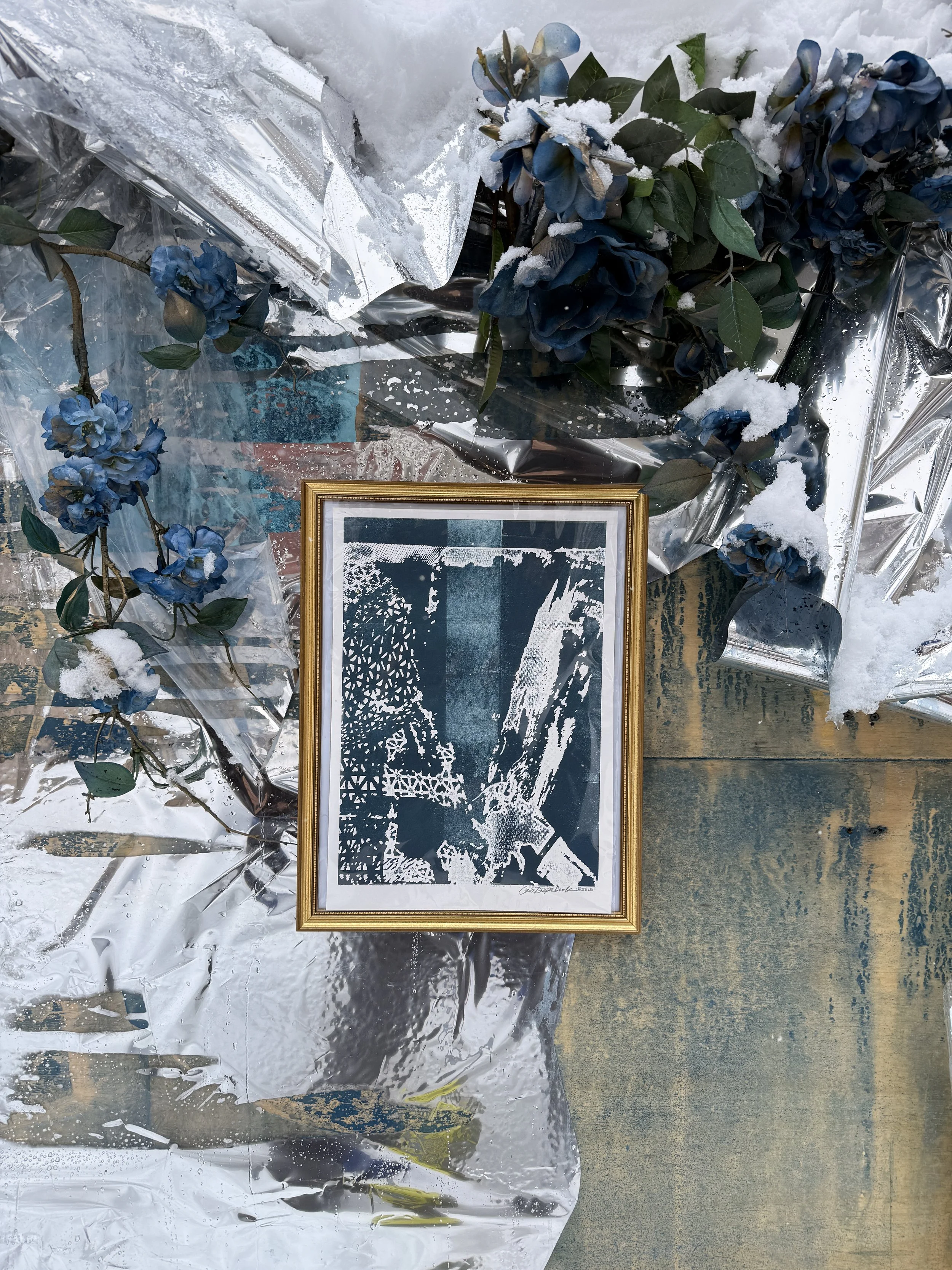 "Blue Matrix: Installation" Framed Print, Mylar, flowers, and plywood. 2026