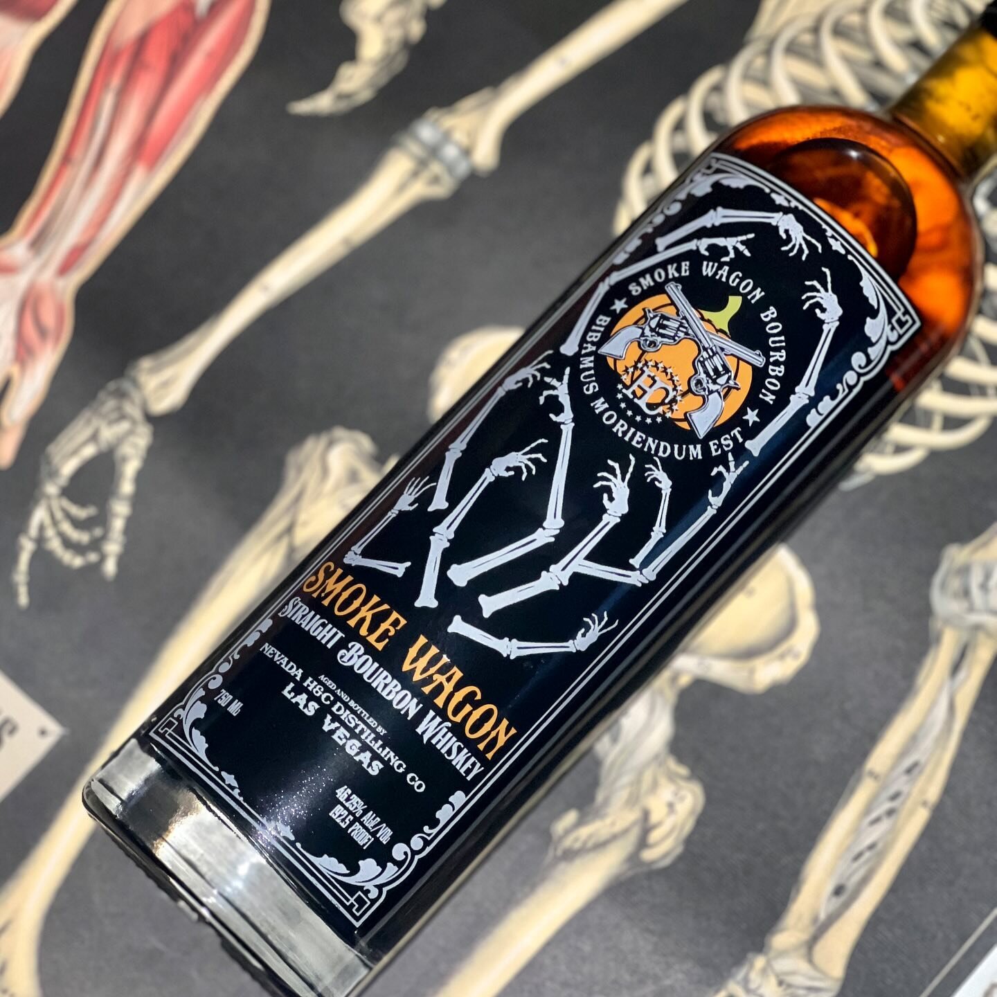 For a bone shakin&rsquo; good time 💀 Smoke Wagon Straight Bourbon Whiskey Halloween Edition. 

The bottle glows in the dark and the bottle&rsquo;s contents? Spicy notes, hints of caramel &amp; fruit with a smooth finish. 

&mdash;
#halloween #spirit