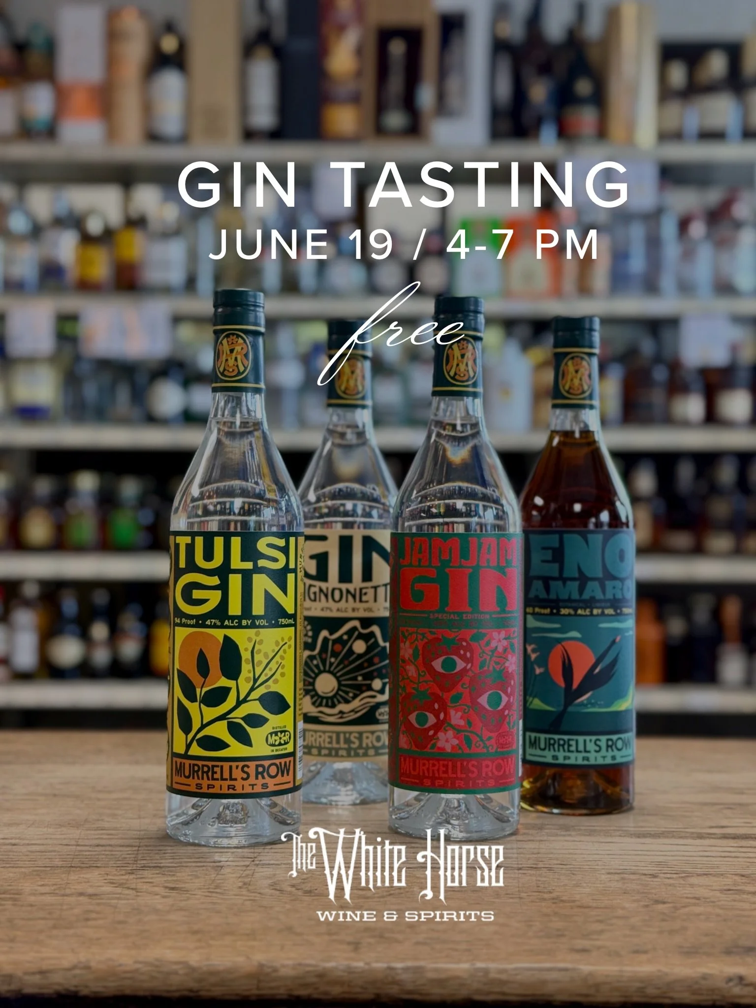 Toast with the spirit of Summer: GIN

Gin Tasting with Murrell&rsquo;s Row 
Fri June 19, 4-7pm. 🆓 
📍 The White Horse

Sample 4 Murrell&rsquo;s Row spirits including:
&bull; Tulsi Gin
&bull; Mignonette Gin
&bull; JamJam Gin
&bull; Eno Amaro

Giddy u