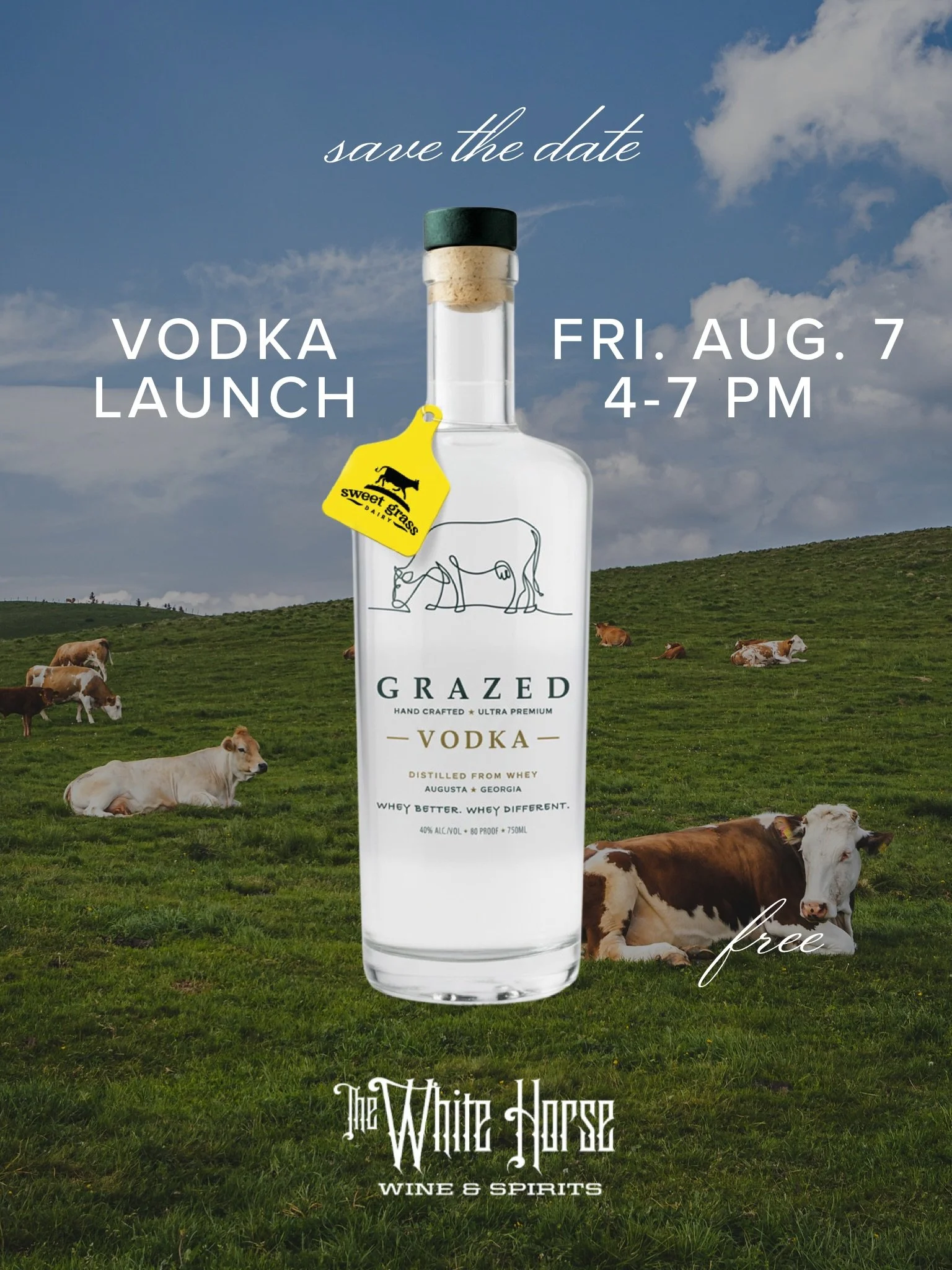 🍸 Vodka Launch 🍸

Taste Grazed Vodka 
🗓️ FRI August 7 / 4-7 PM 🆓 
📍 in-store @whitehorse497 

Scratch-made vodka distilled from pure whey, Grazed is an ultra-premium, exceptionally smooth vodka handcrafted in Augusta, Georgia. 

Taste the produc
