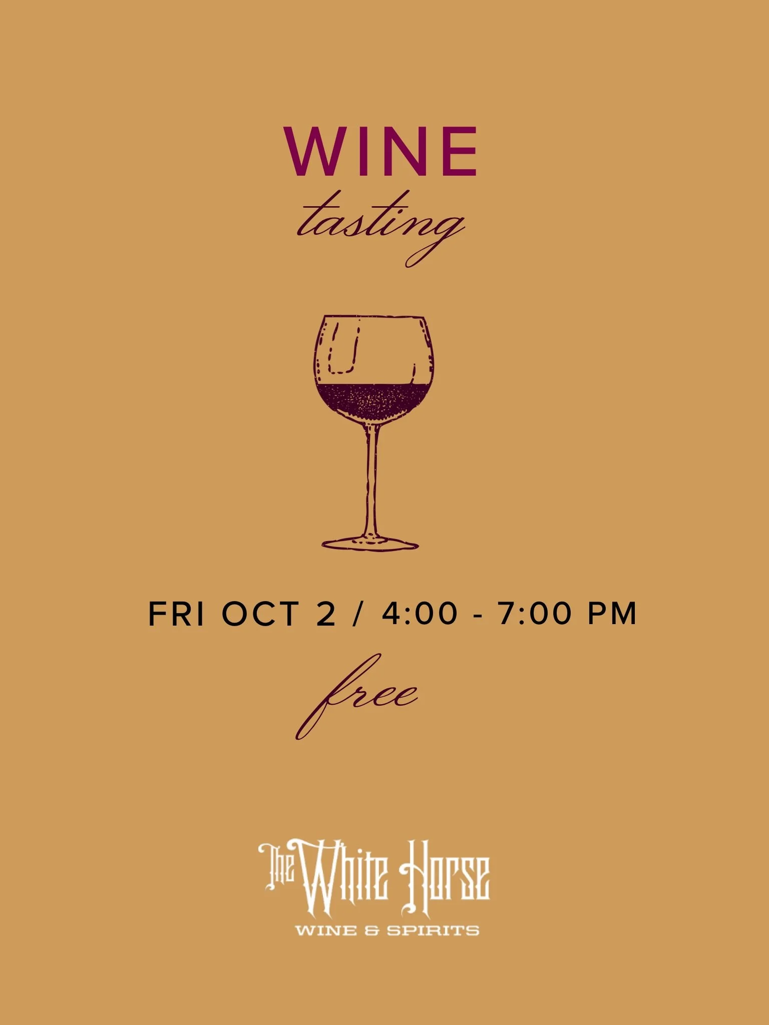 Spring into Fall @whitehorse497 with a FREE 

WINE 🍷 TASTING
October 2 / 4-7pm

Taste these 4 wonderful wines:
🍷 Columna Albarino
🍷 Goldschmidt Singing Tree Chardonnay 
🍷 Brassfield Pinot Noir 
🍷 Gundlach Bundschu Meritage Blend

Giddy up! 

#wi