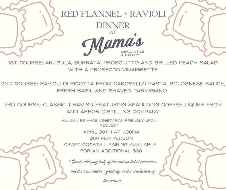 Join us April 30th at 7:30PM for a night of great food, good music, and friendship. To honor a dear friend of our owner Petra, we will be hosting our first annual Red Flannel + Ravioli Dinner.

On April 30th, 2017, Petra and one of her best friends -
