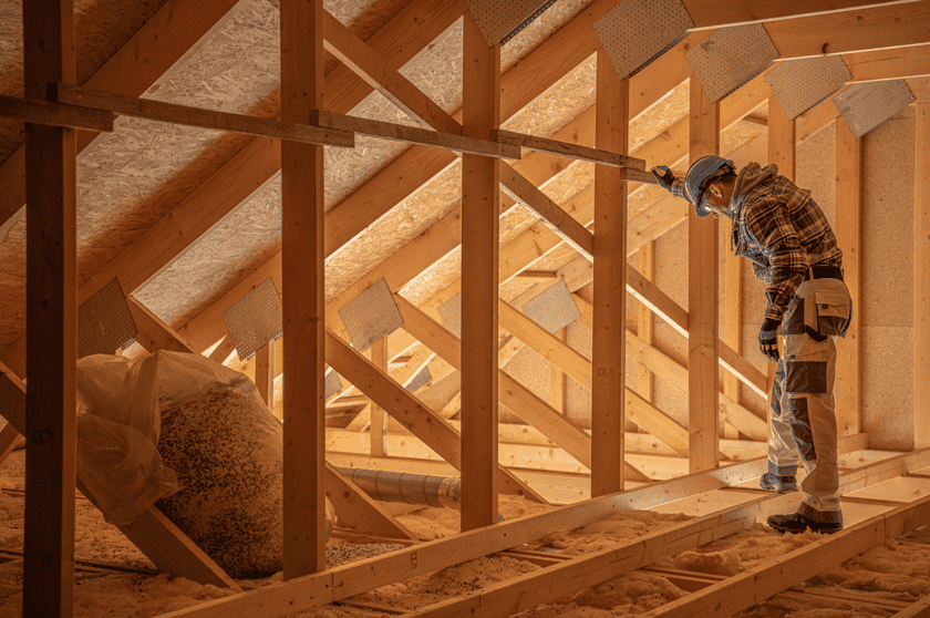Construction worker inspecting a roof from the inside