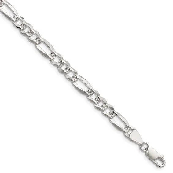Sterling Silver Flat Diamond-Cut Pavé Figaro Chain 6.1/7/7.1/8.5mm Width 7-8 inch Length