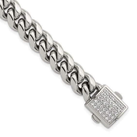 Chisel Stainless Steel Polished 10mm Curb Link Bracelet with Full CZ Clasp