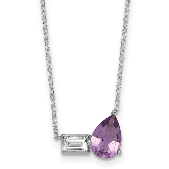 Sterling Silver Pear Amethyst and Emerald-cut White Topaz Necklace