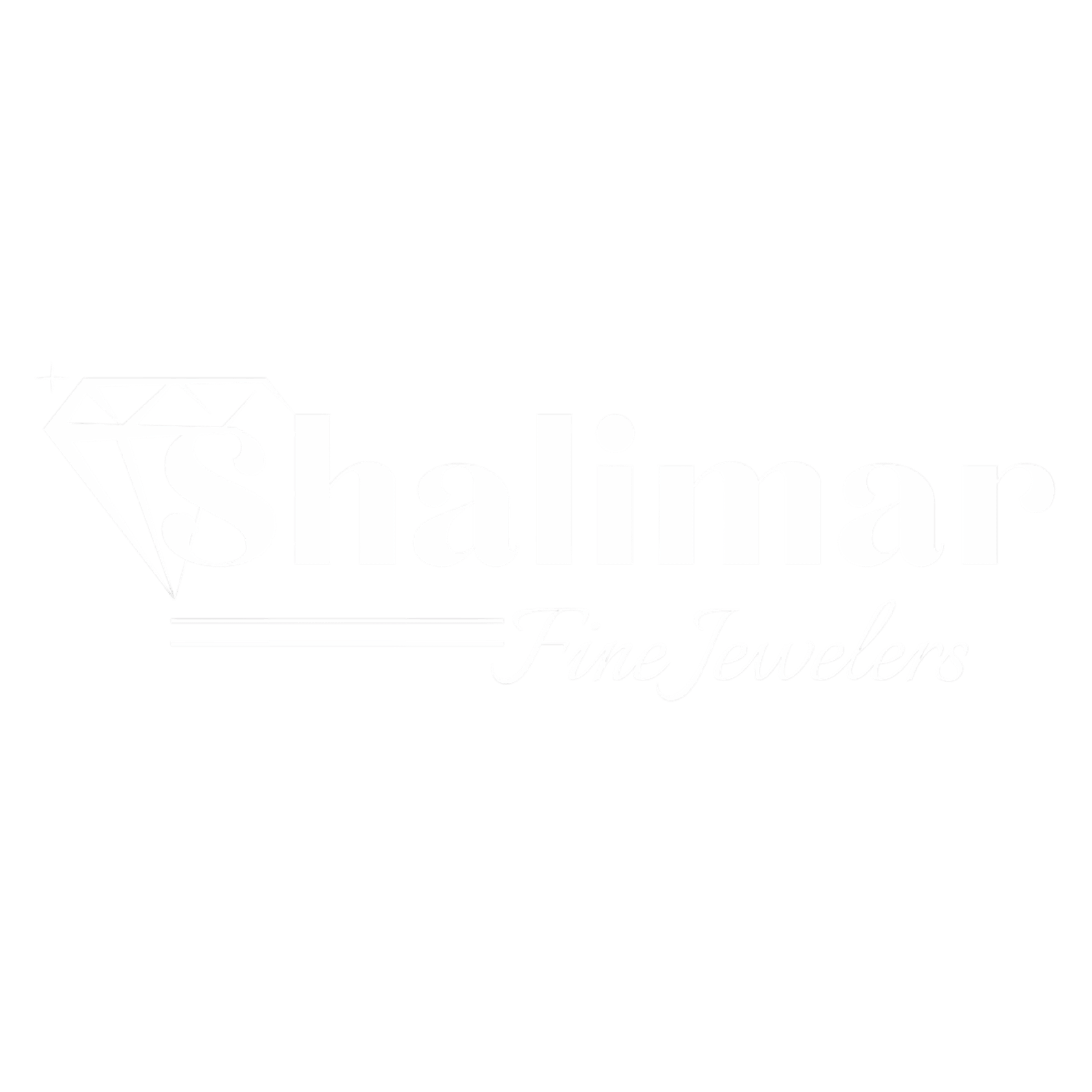 Logo for Shalimar Fine Jewelers featuring a white outline of a diamond and the business name in bold white text with a cursive tagline.