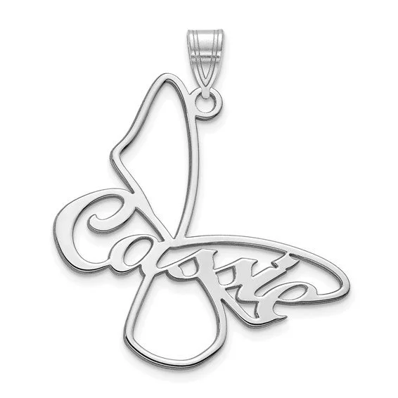 Silver butterfly-shaped pendant with the word "Love" incorporated into the wing design.