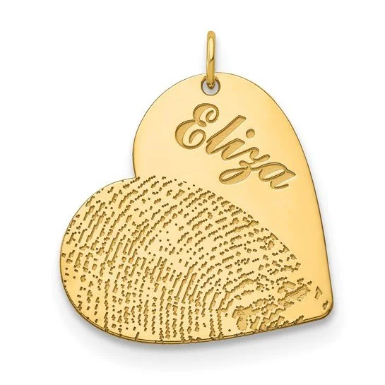 Gold pendant with the engraved name Eliza on a smooth surface and a textured fingerprint design below.