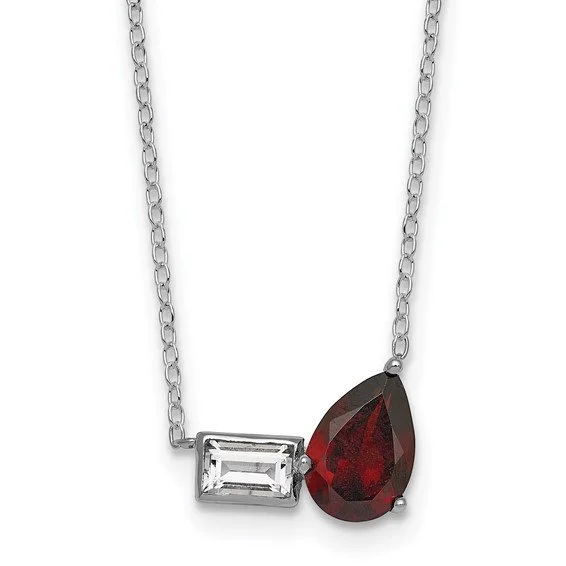 Sterling Silver Pear Garnet and Emerald-cut White Topaz Necklace