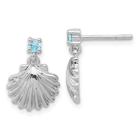 Sterling Silver Blue CZ Dangle Shell Stud Earrings