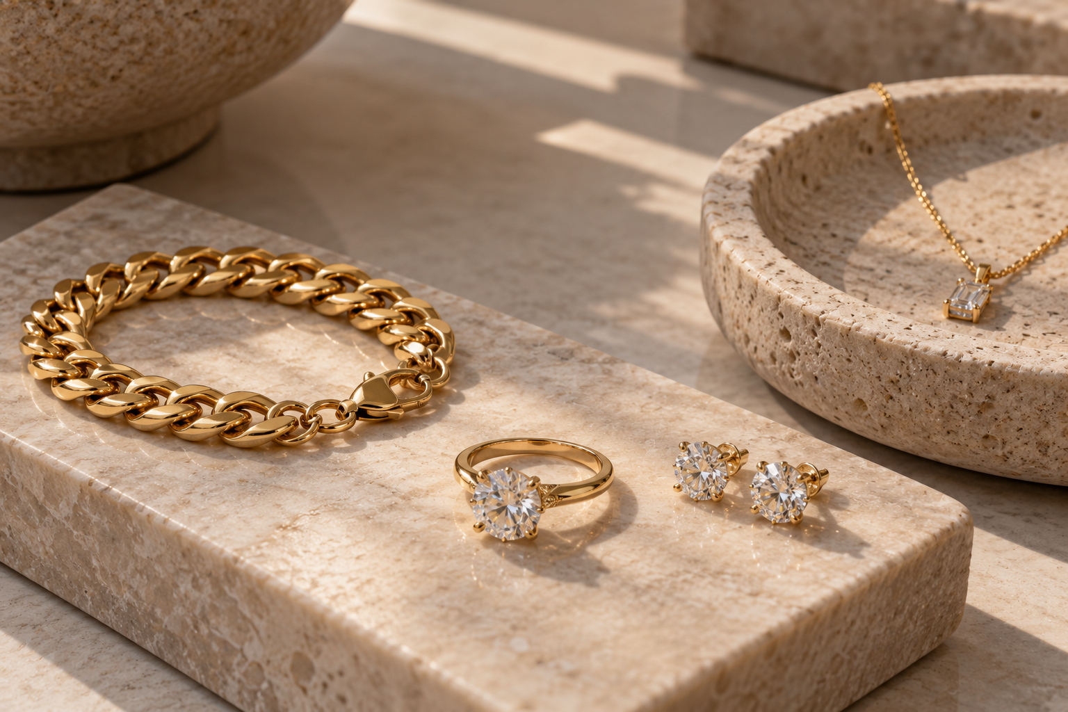 Gold jewelry including a chunky chain bracelet, a ring with a large diamond, and a pair of diamond stud earrings displayed on textured stone surfaces.