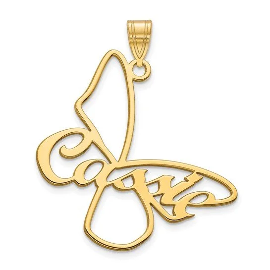Gold pendant shaped like a butterfly with the word "Love" integrated into the wings.