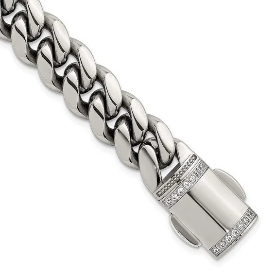 Chisel Stainless Steel Polished 12mm Curb Link Bracelet with CZ Clasp