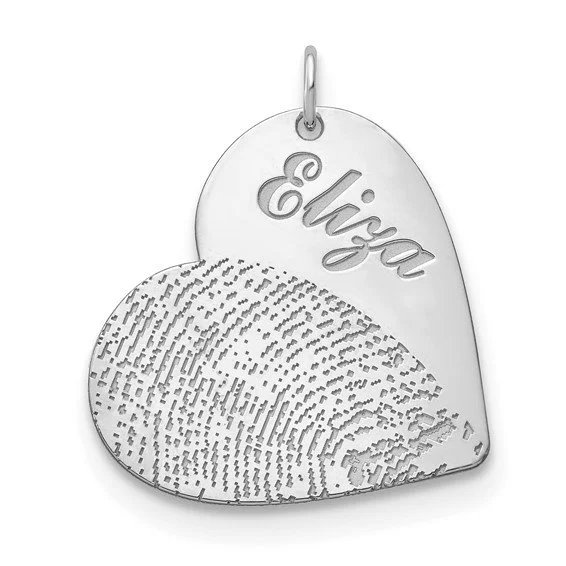 Silver heart-shaped pendant with engraved fingerprint and the name Elsa written in cursive.