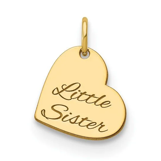 Gold heart-shaped pendant engraved with the words 'Little Sister' in cursive.