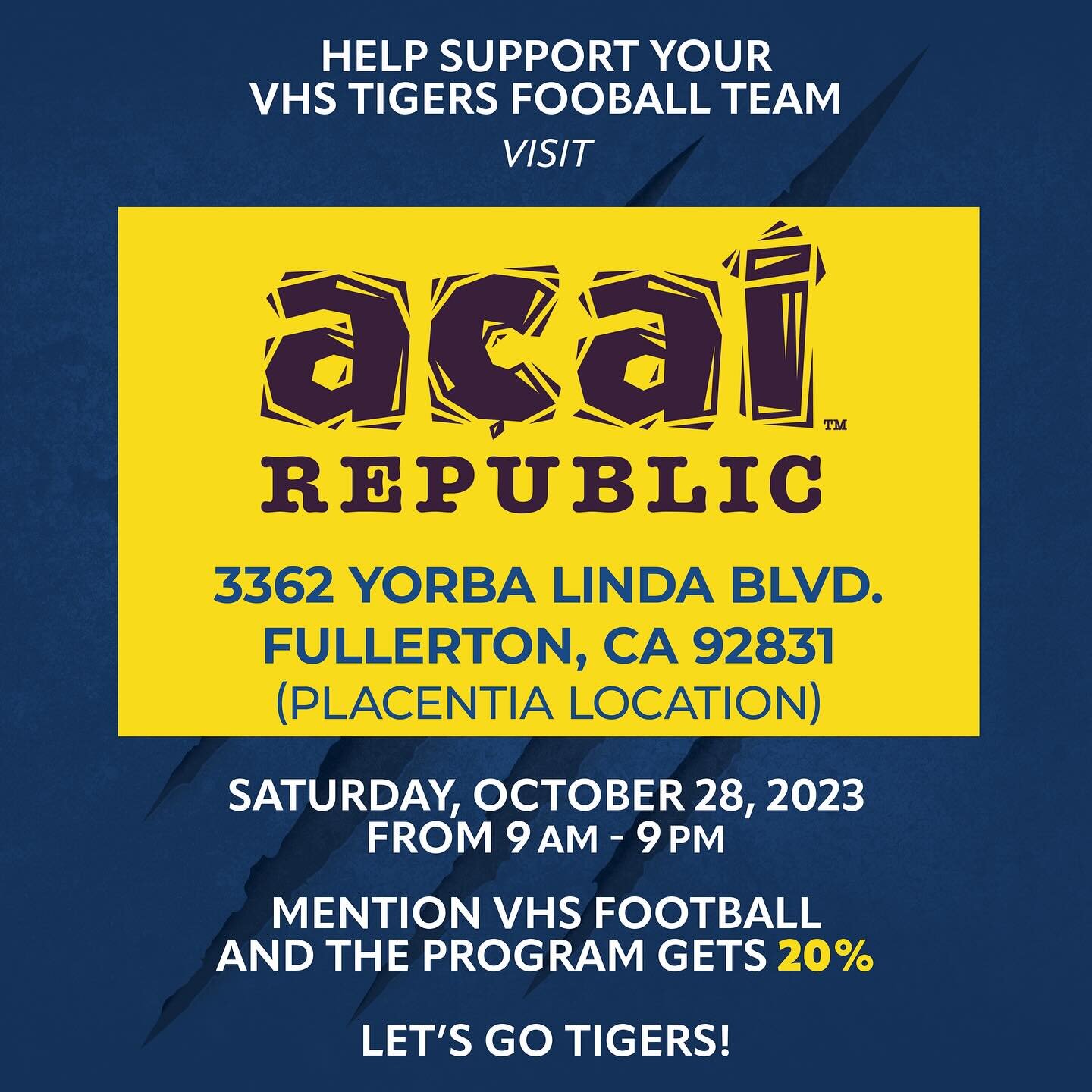 Acai Republic is now open! Please stop by their Fullerton location (on Bradford just down the street from Valencia HS) today, any time from 9am-9pm and mention Valencia and the football program gets 20%. Let&rsquo;s go!