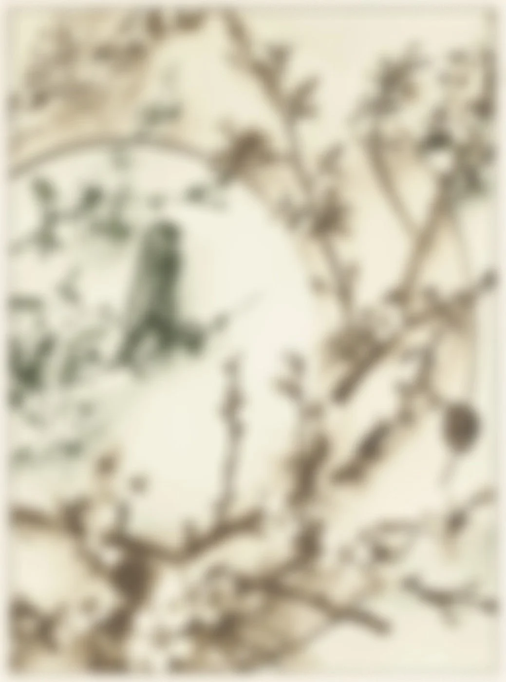A blurry image of a branch with small leaves and a bird perched on it, set against a light background.