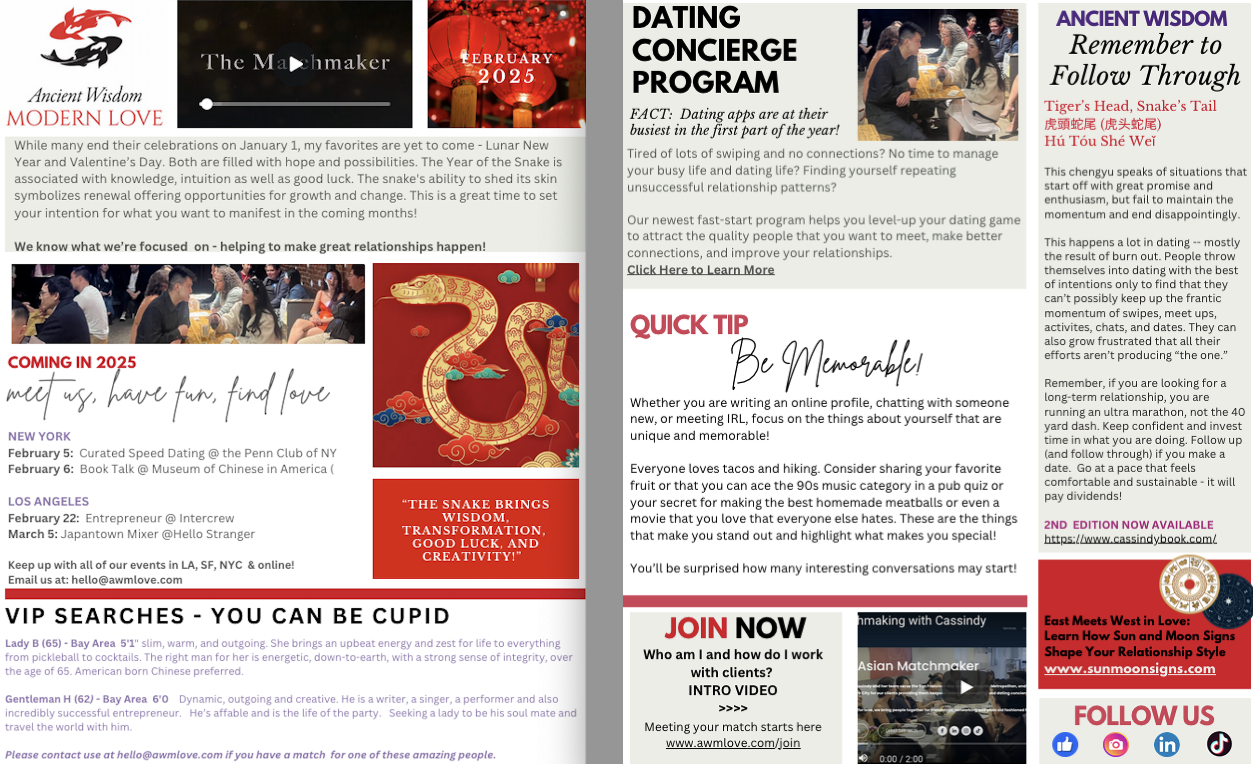 Collage of promotional graphics and text advertisements for dating, love, and social events, with images of people and colorful anniversary-themed designs.