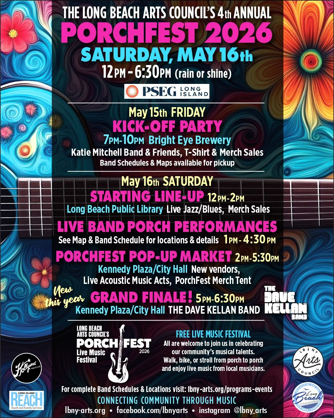 🎶 4th Annual PorchFest &ndash; Long Beach, NY (2026) 🎶
📅 When:
&bull; Saturday, May 16, 2026 (rain or shine)

🎉 Kick-Off Party (Friday):
&bull; May 15 | 7&ndash;10 PM
&bull; Bright Eye Beer Company
&bull; Live music, merch, event maps

🎷 Saturda