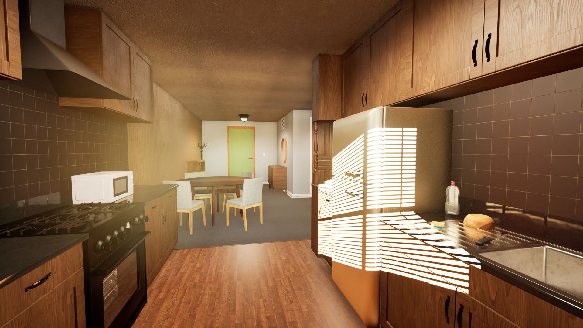 Interior of a kitchen with wooden cabinets, brown tiled backsplash, a refrigerator with sunlight markings, a stove with a microwave on it, a sink with a loaf of bread and a bottle nearby, and a dining area with a round table and four chairs, leading 