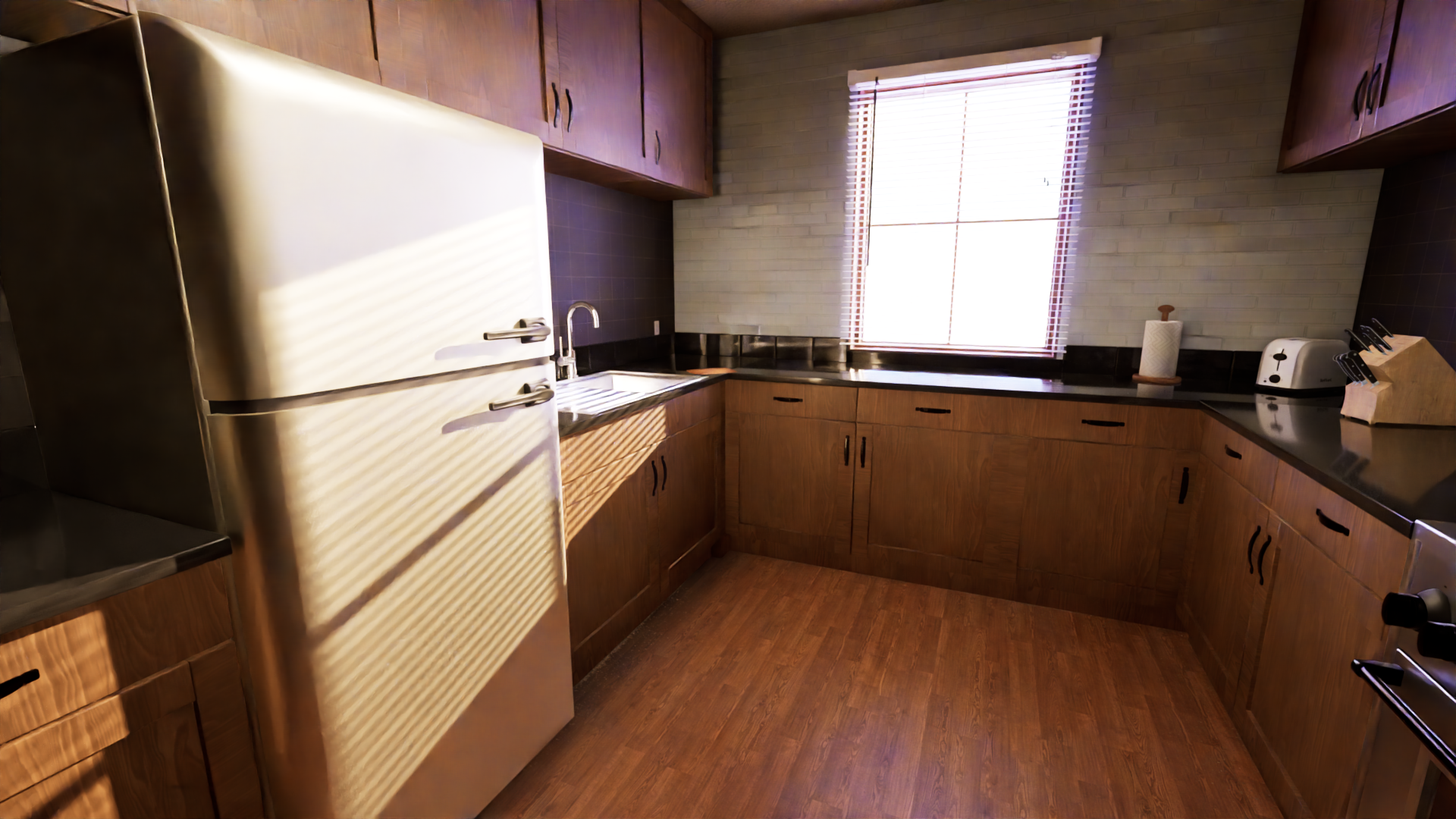 Kitchen with wooden cabinets, a stainless steel refrigerator, a black countertop, a sink under a window with blinds, a toaster, paper towel holder, and a knife block.