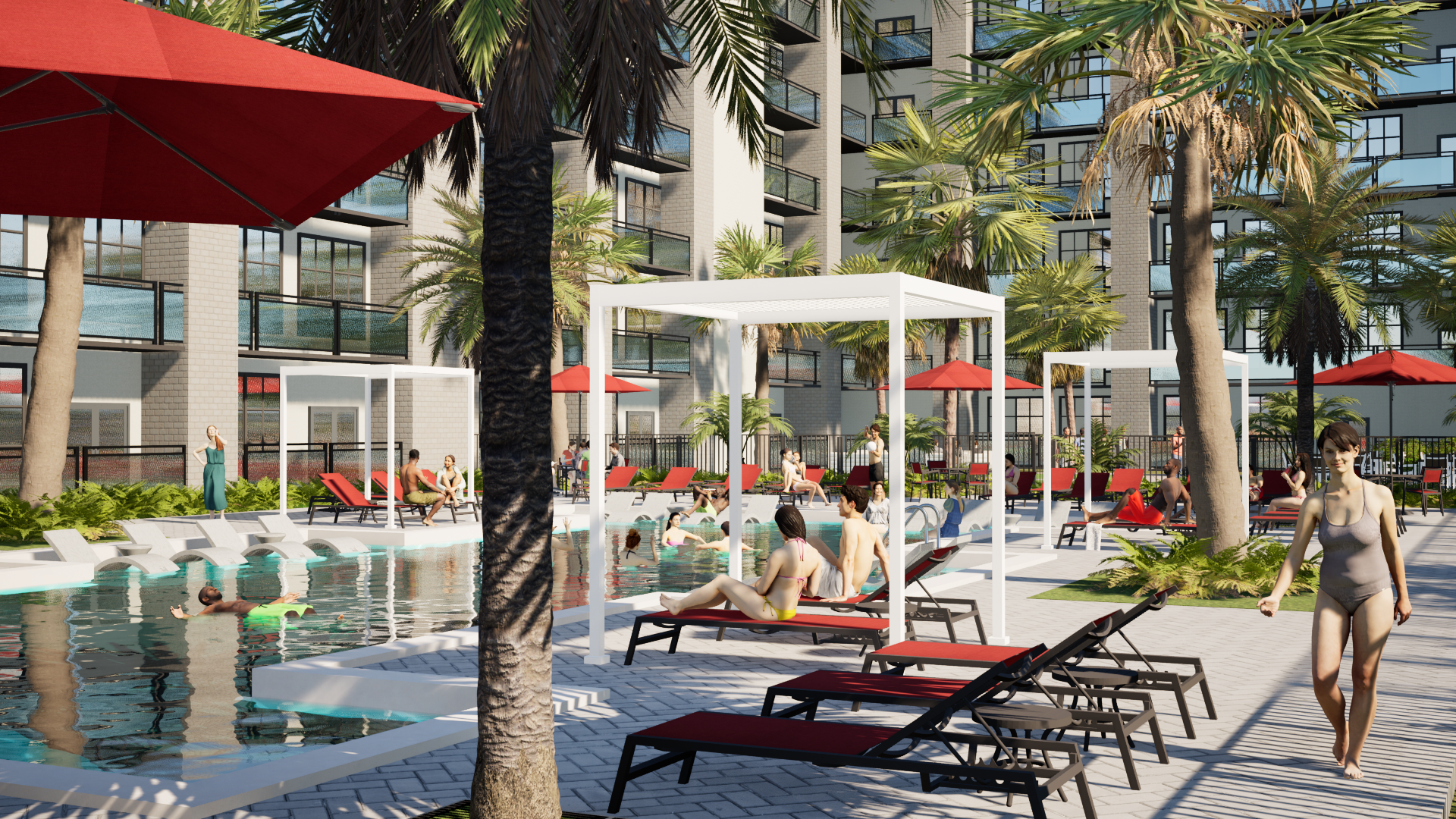 People relaxing by a pool in an urban apartment complex with palm trees, lounge chairs, white cabanas, and red umbrellas.