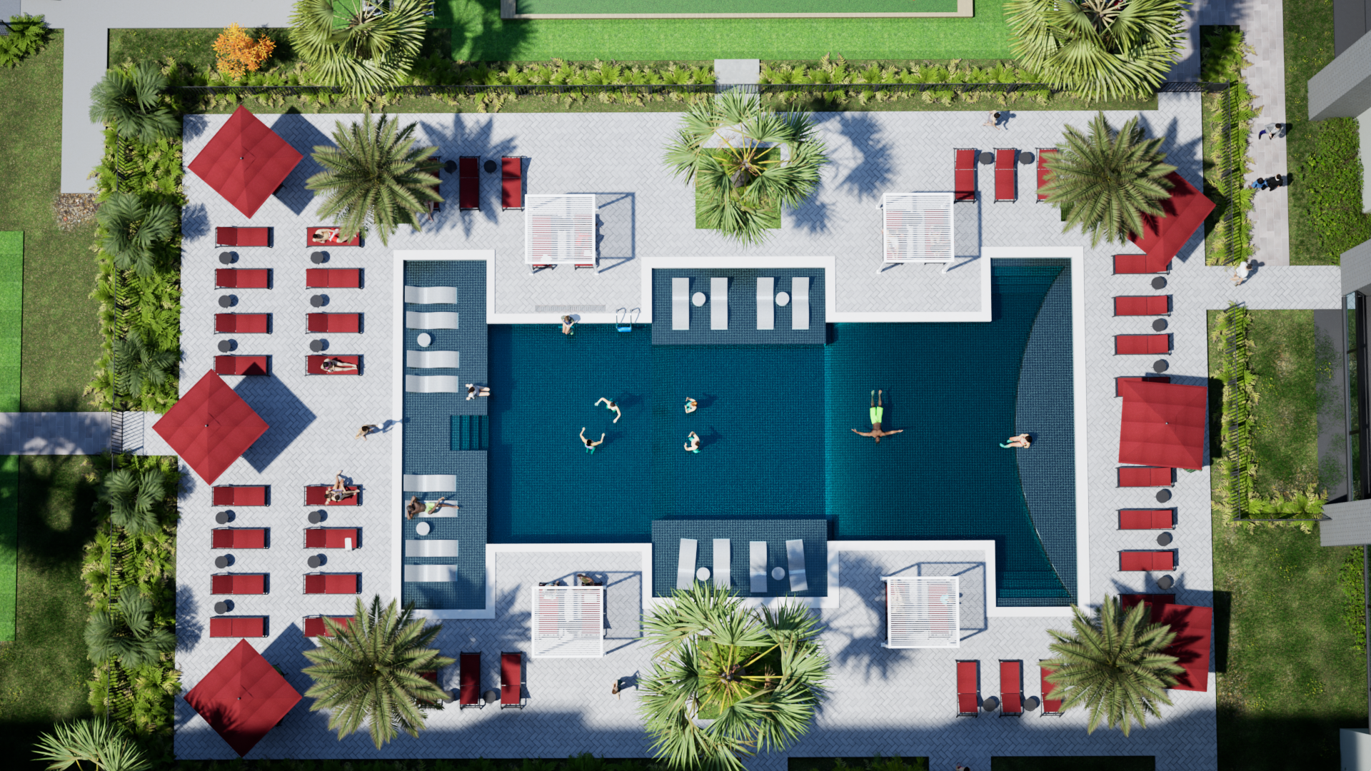A top-down view of a swimming pool area at a resort with people swimming and lounging on chairs, surrounded by palm trees, green grass, and shaded cabanas.