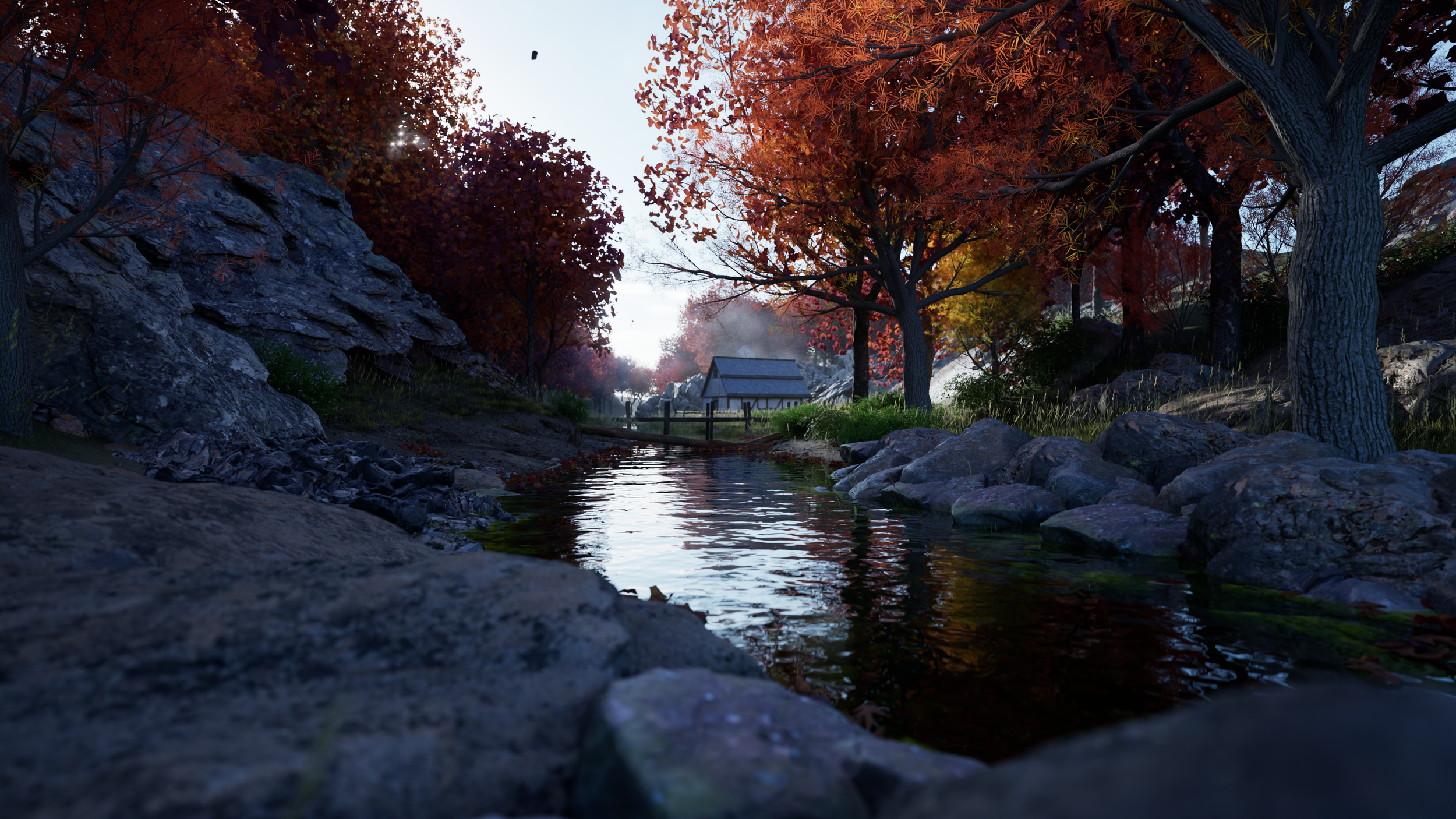 A tranquil autumn scene featuring a pond surrounded by rocks and trees with red and orange foliage, a small wooden house in the background, and mist rising from the water.