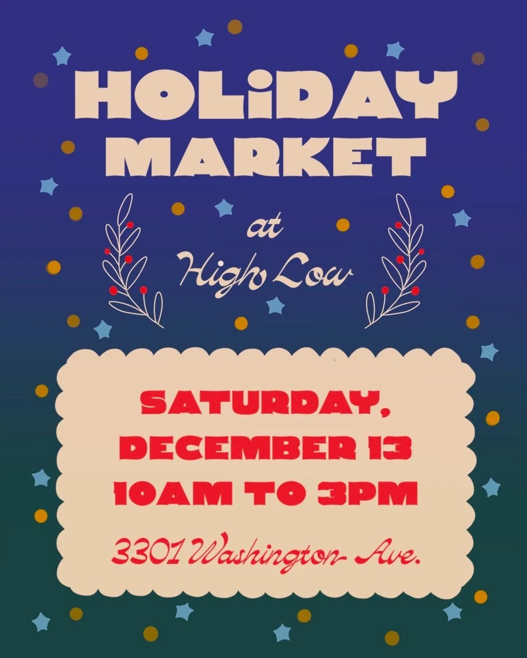 Hey there! Unfortunately, the Frosted Pop-Up Market in Tower Grove Park has been canceled due to unsafe weather conditions. However, if you're interested, you can still check me out on Saturday, December 13th, at the Holiday Market at High Low and Th