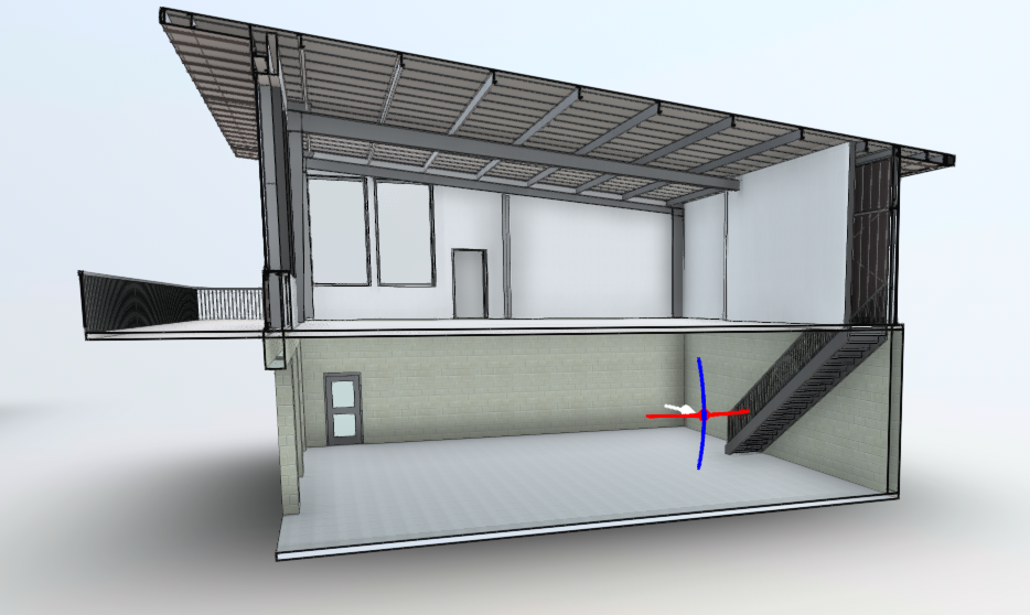 A digital architectural cross-section of a two-story building showing interior layout and structural elements.