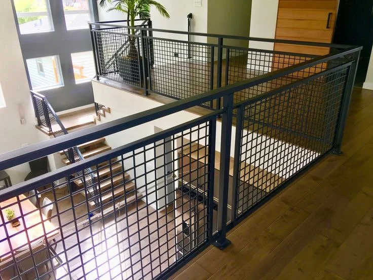#21 Rectangle hand rail with square posts and wire mesh panels